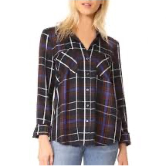 L'AGENCE Denise contrast silk back VNeck Black and Blue Plaid Women's Top - Picture 10 of 10